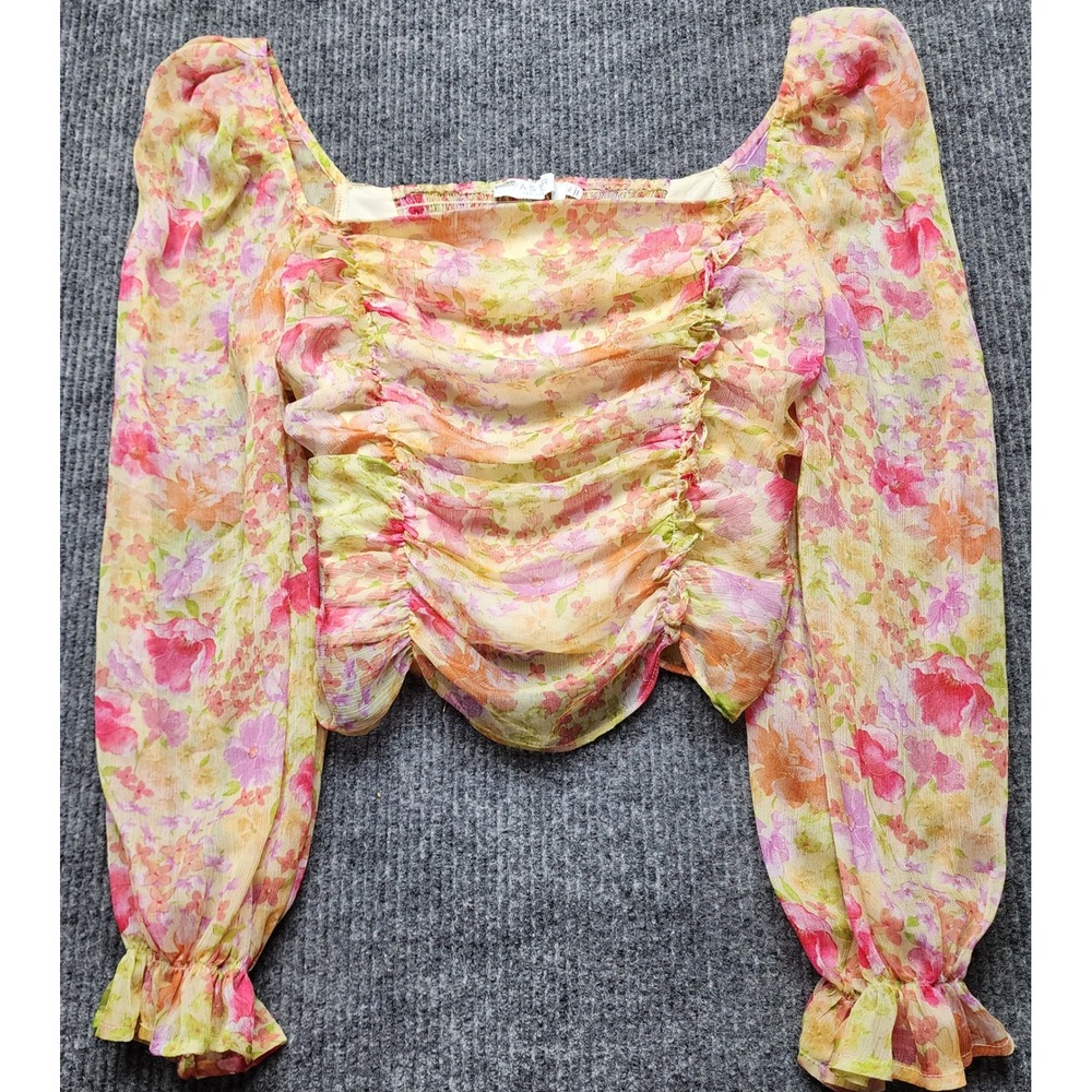 ASTR The Label Yellow Multi Floral Ruched Square Neck Blouse XL